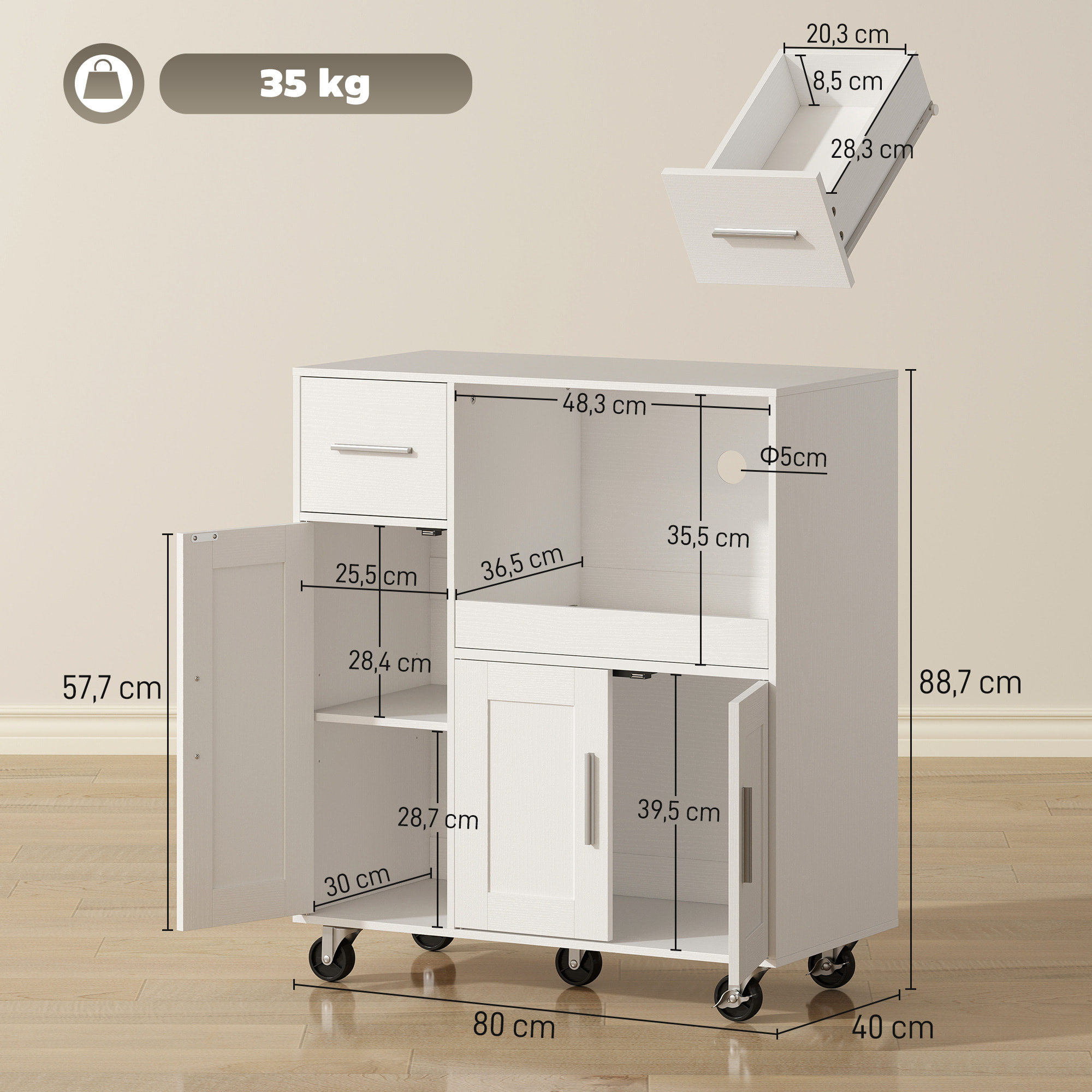 Mueble Auxiliar de Cocina con Ruedas, Aparador de Cocina para Microondas con Bandeja Deslizante, Cajón, 3 Puertas, Estante Ajustable y Orificio para Cables, para Salón, 80x40x88,7 cm, Blanco