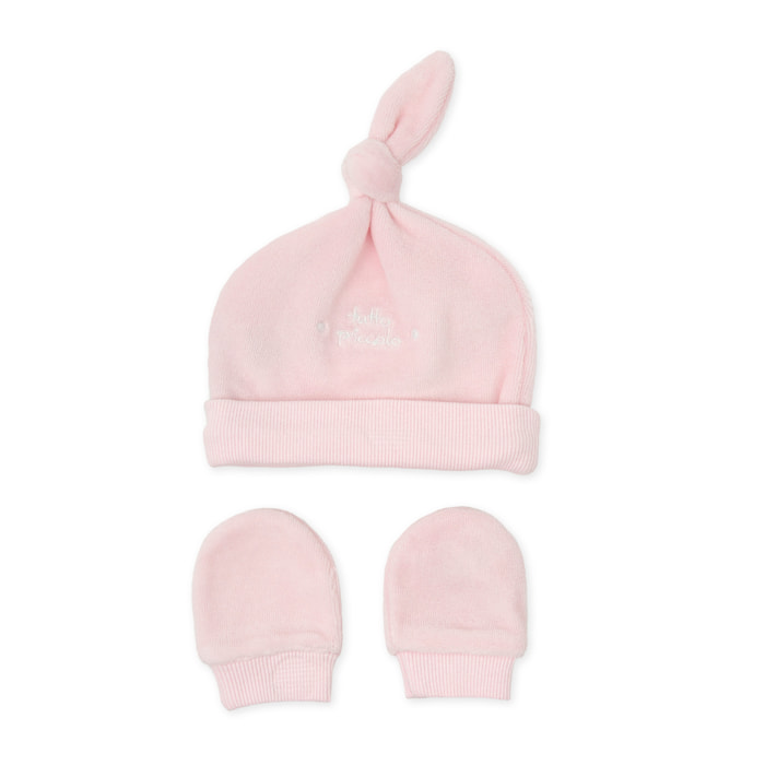 Gorro y manoplas . - Rosa