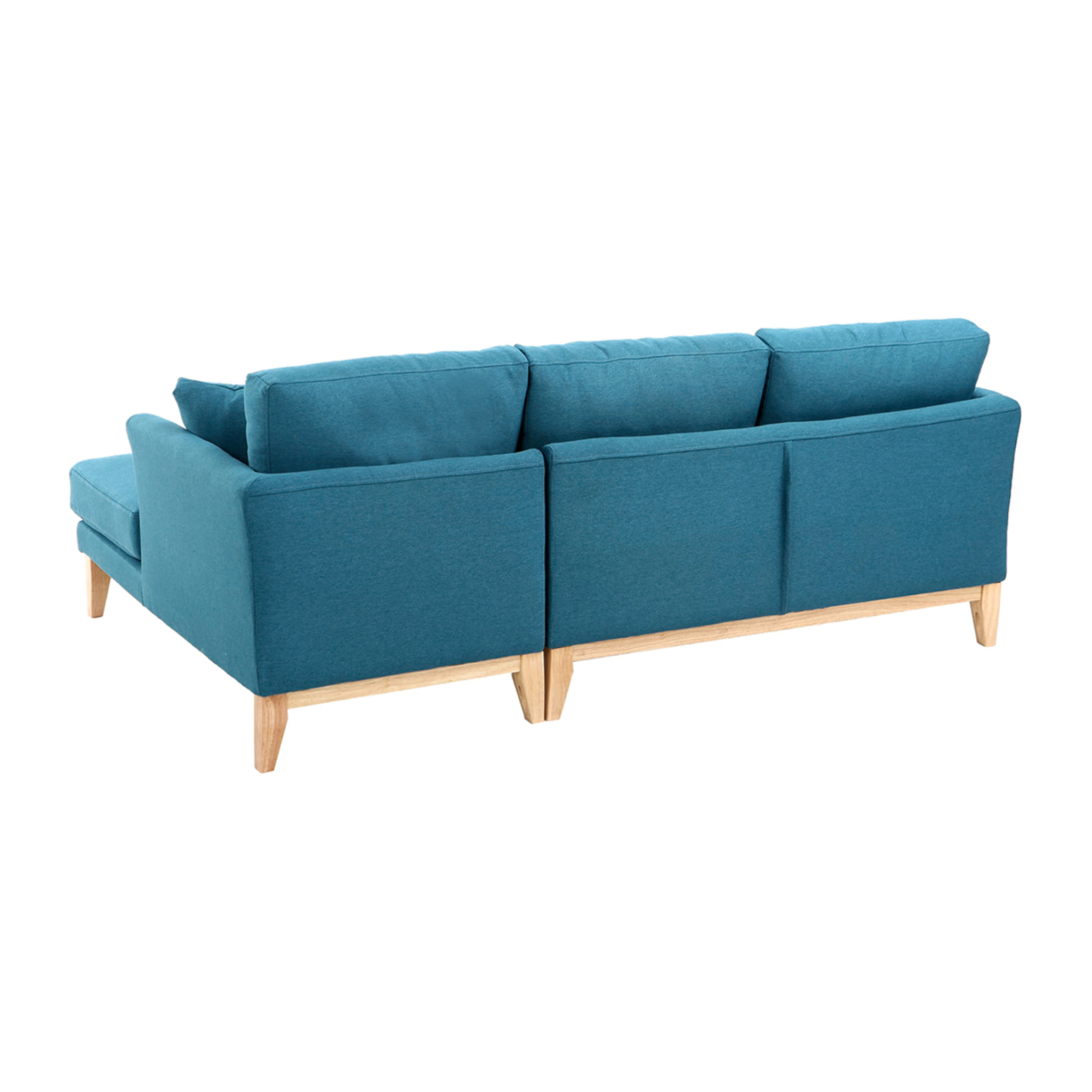 Canapé d'angle gauche scandinave bleu canard déhoussable et bois clair 3-4 places OSLO