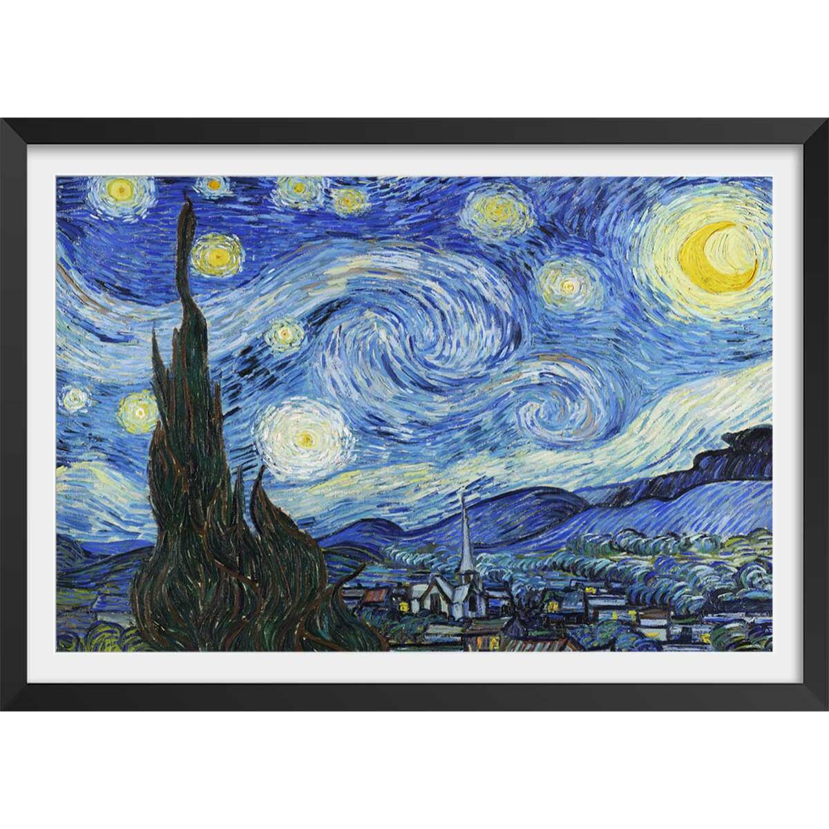 Poster La nuit étoilée - Vincent Van Gogh Affiche + cadre en bois - Noir