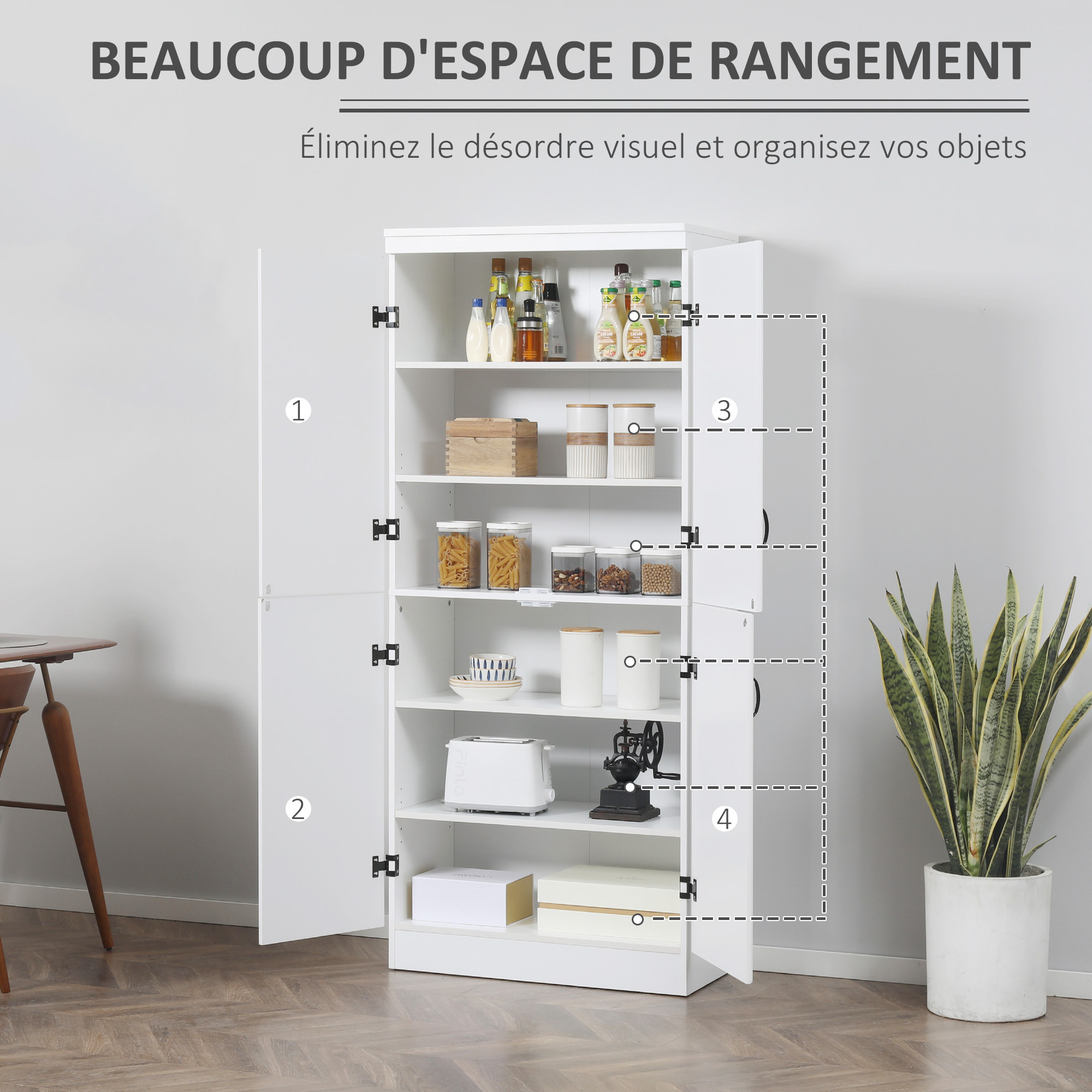 Armoire de cuisine buffet de salle à manger avec 4 portes 6 étagères de rangement style moderne 76 x 40 x 177 cm blanc