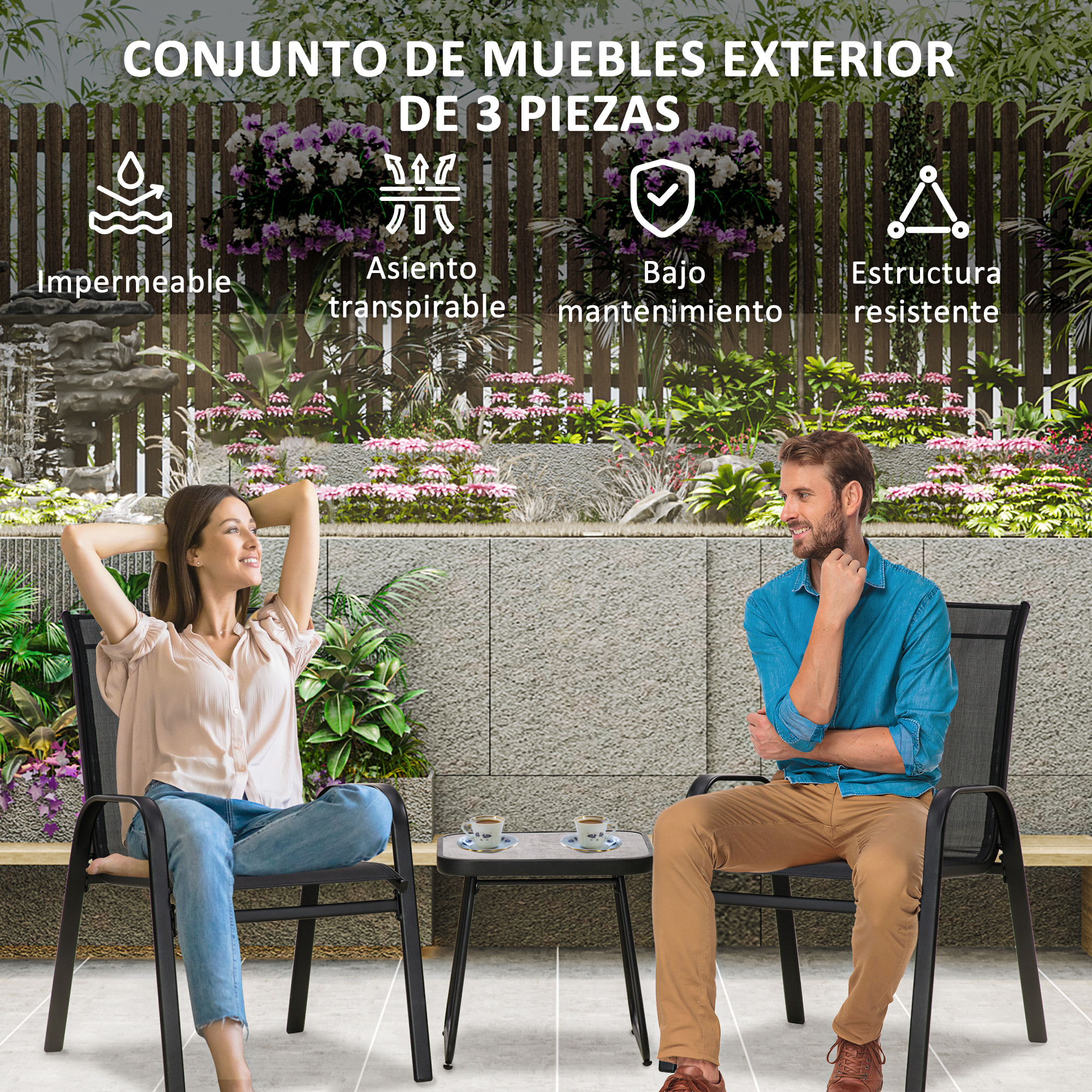 Conjunto de Muebles de Jardín 3 Piezas Muebles Exterior Incluye 2 Sillones Apilables con Tela de Malla Transpirable y Mesa de Centro con Tablero SPC Negro