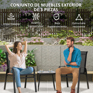 Conjunto de Muebles de Jardín 3 Piezas Muebles Exterior Incluye 2 Sillones Apilables con Tela de Malla Transpirable y Mesa de Centro con Tablero SPC Negro