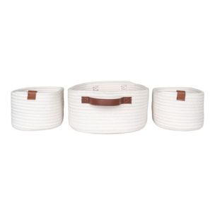 Set 3 cestini Jarana in cotone bianco con manici in cuoio