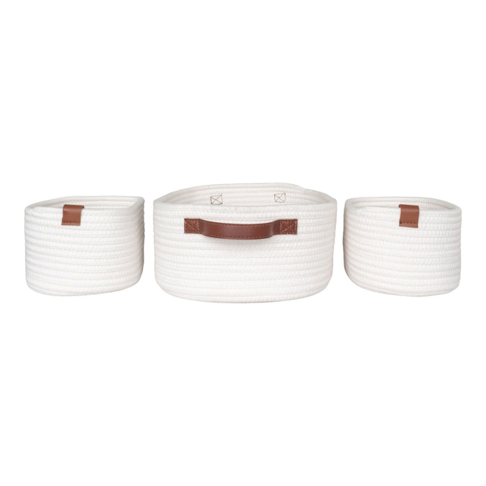 Set 3 cestini Jarana in cotone bianco con manici in cuoio