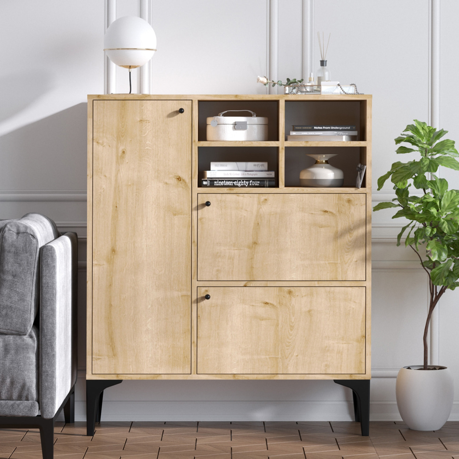 AYO Buffet haut 3 portes et 4 niches couleur chêne 100x125cm