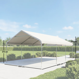 Carpa Garaje Portátil 5x6 m, Garaje Exterior para Coche Impermeable con Estructura de Acero Galvanizado, Toldo Resistente Anti-UV, Cobertizo para Herramientas de Jardín, Blanco Crema