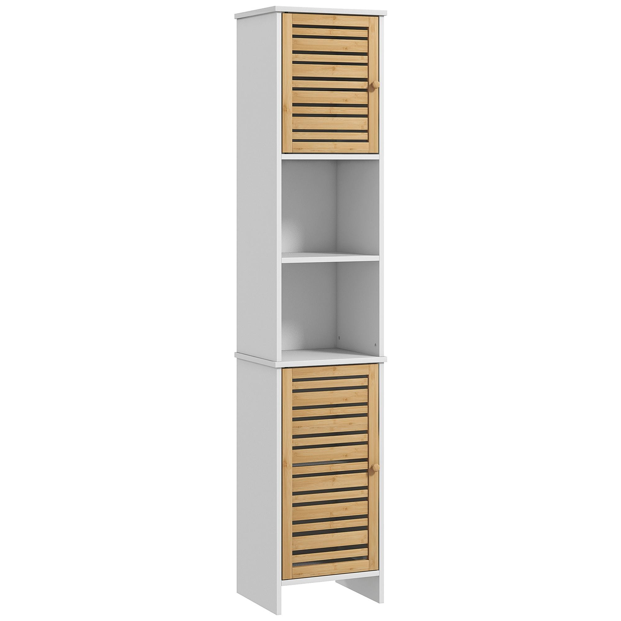 Columna de Baño Moderna Mueble Auxiliar de Baño Armario de Baño con Estantes Ajustables y Puertas de Bambú Anti-vuelco 35x30x170 cm Blanco y Natural