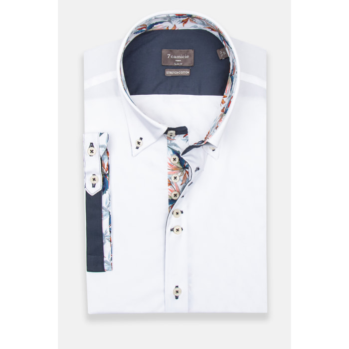 Camicia Uomo Manica Corta 2 Bottoni Button Down 7 Botto Popeline Stretch Unito Bianco