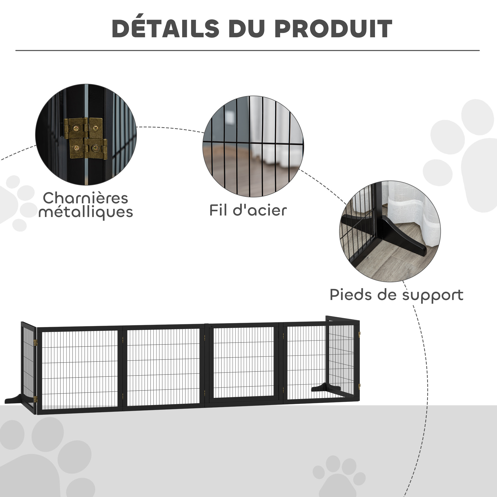 Barrière de sécurité parc enclos chien modulable pliable porte verrouillable intégrée 5 panneaux grillage acier noir bois de pin noir