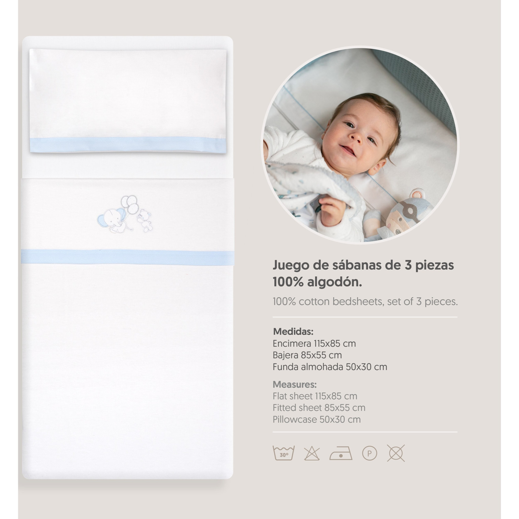 Triptico Minicuna Franela Oso Elefante Globos Bco/Azul