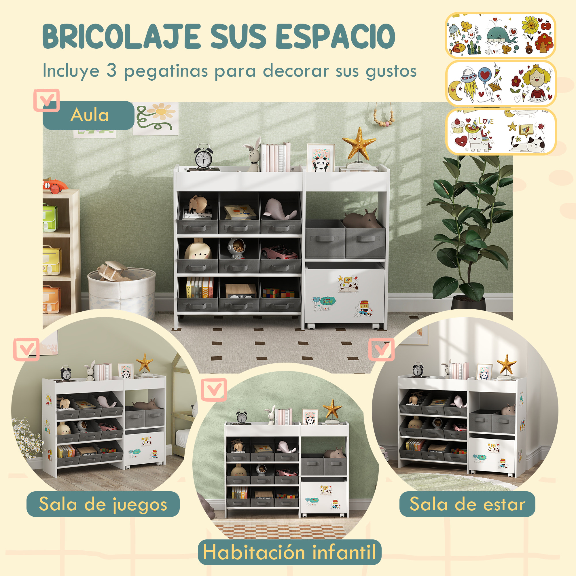 Estantería para Juguetes para Niños Organizador Infantil con 11 Cestas Extraíbles Compartimentos y Láminas de Pegatinas para Guardería Sala de Juegos 105x30x80 cm Blanco