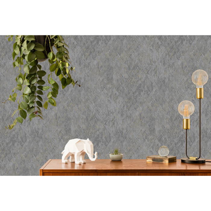 Papier peint effet peau serpent gris anthracite doré