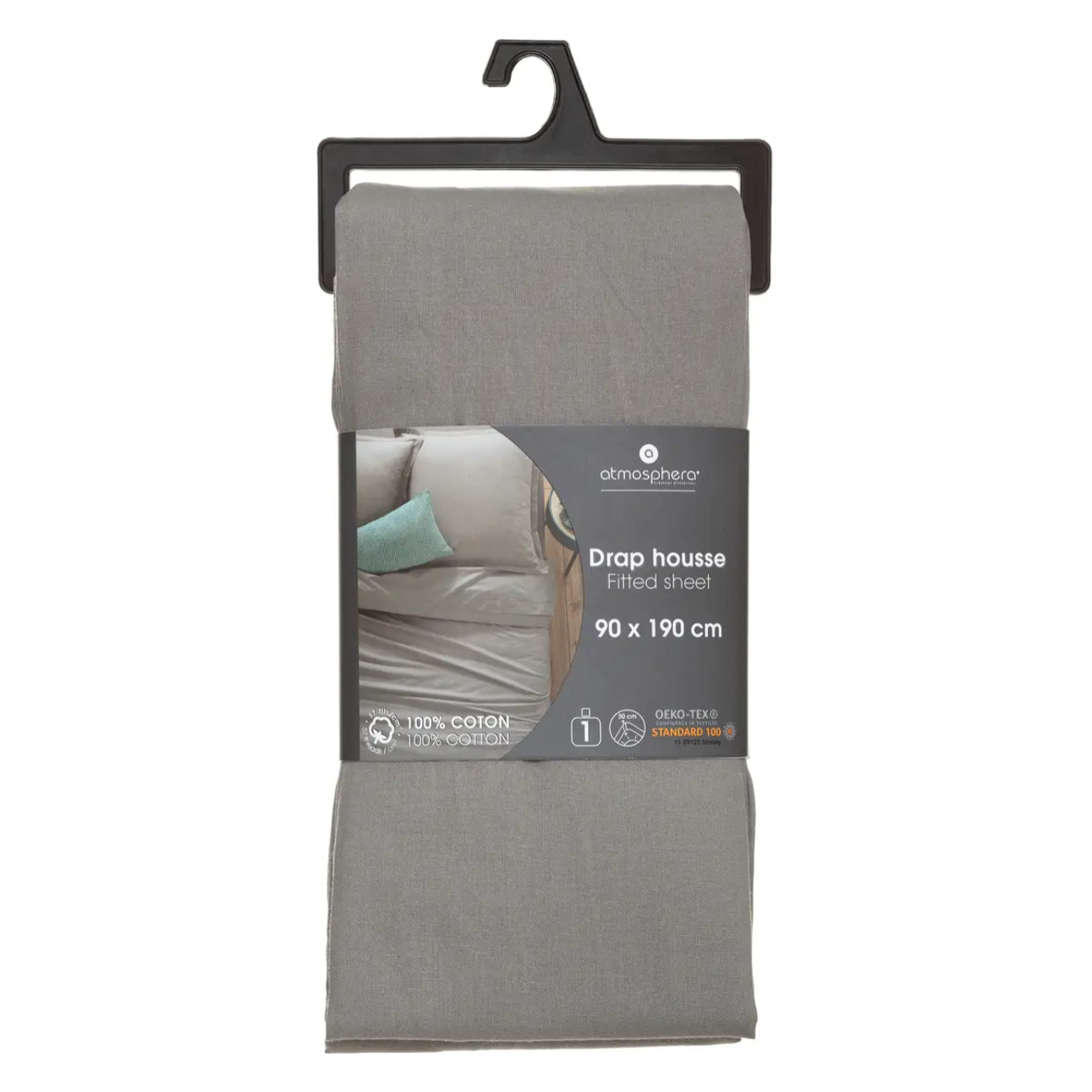 Drap-housse en coton - gris - bonnet H30cm - 90x190 cm