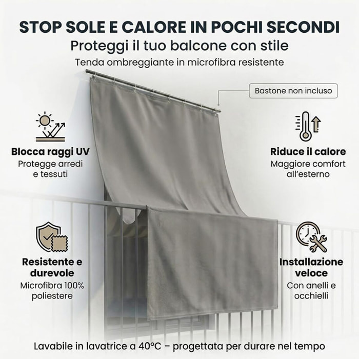 Tenda da sole a caduta impermeabile per esterno con occhielli, telo parasole resistente ai raggi UV e intemperie, protegge da luce e calore, aumenta privacy su balcone e terrazzo, facile da installare, tessuto in poliestere durevole e lavabile