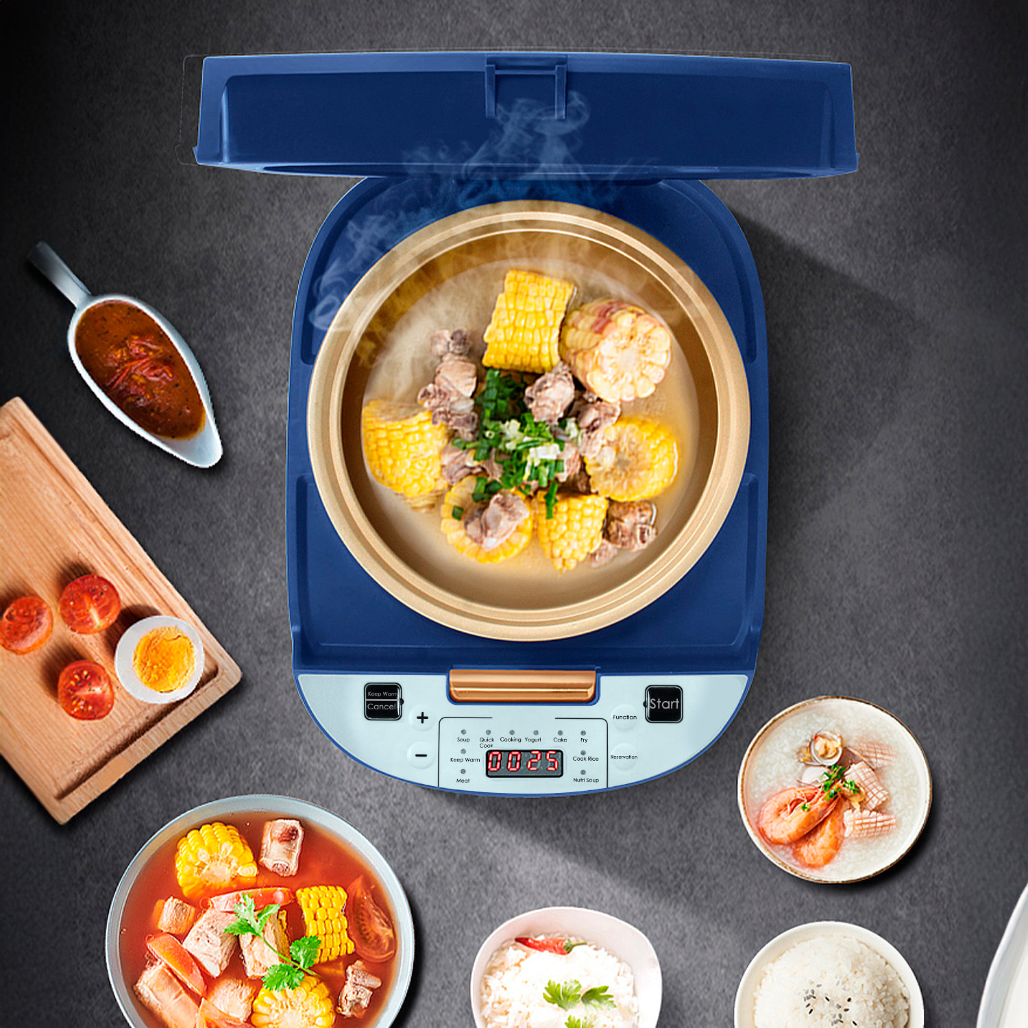 Cuociriso elettrico a calore tridimensionale e 900W. Funzioni e programmi di cottura preimpostati. Ciotola antiaderente a 5 strati con capacità di 5L.