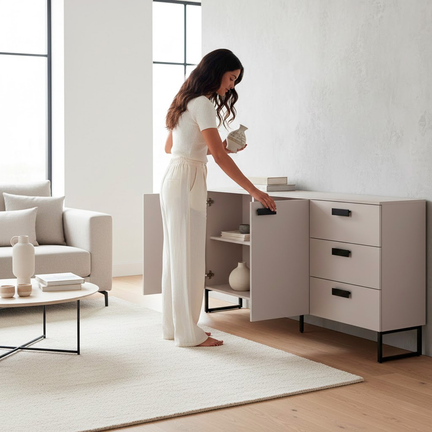 Madia con 2 Ante 3 Cassetti E Ripiani Interni Mobile Soggiorno Moderno In Melaminico Con Maniglie E Piedini Neri 184 x 86 x 40 Cm Cashmere
