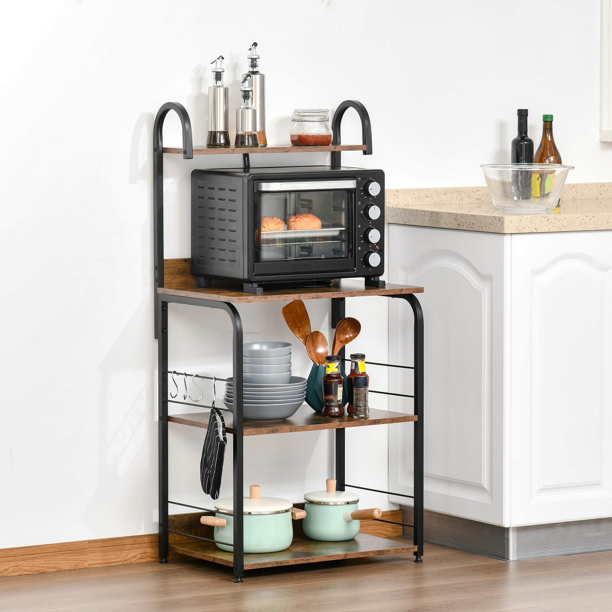 Estantería de Cocina de 4 Niveles Estante de Cocina con Ganchos Estantería para Microondas 60x40x125 cm Marrón Rústico y Negro