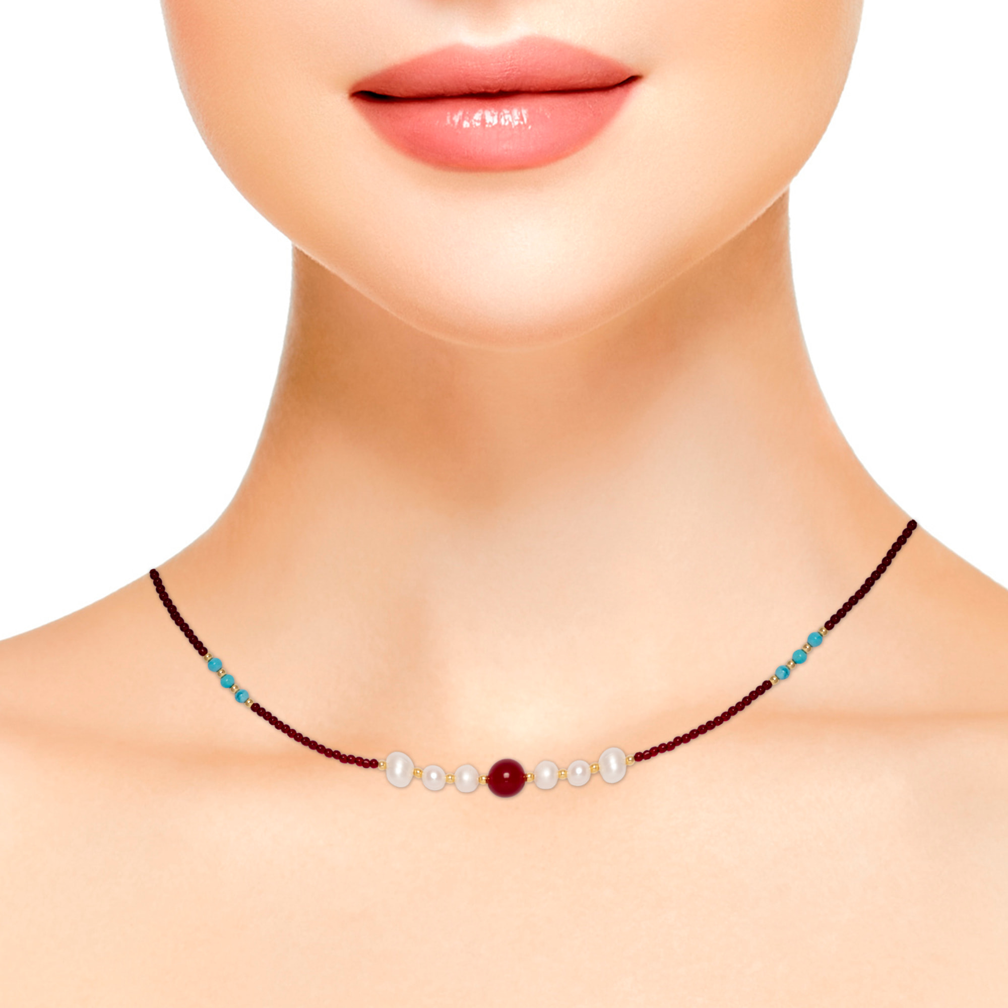 Marte Collar de perlas naturales con granate, turquesa y ágata roja, con cierre de mosquetón.