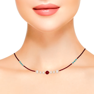 Marte Collar de perlas naturales con granate, turquesa y ágata roja, con cierre de mosquetón.