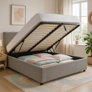 Lit coffre Colisée avec tête de lit | Robuste et confortable | Montage simple rapide | Velours Côtelé | Gris clair