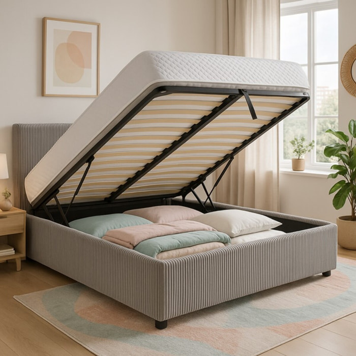 Lit coffre Colisée avec tête de lit | Robuste et confortable | Montage simple rapide | Velours Côtelé | Gris clair