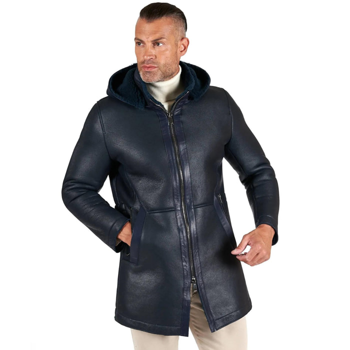 Cappotto montone blu Shearling uomo cappuccio staccabile