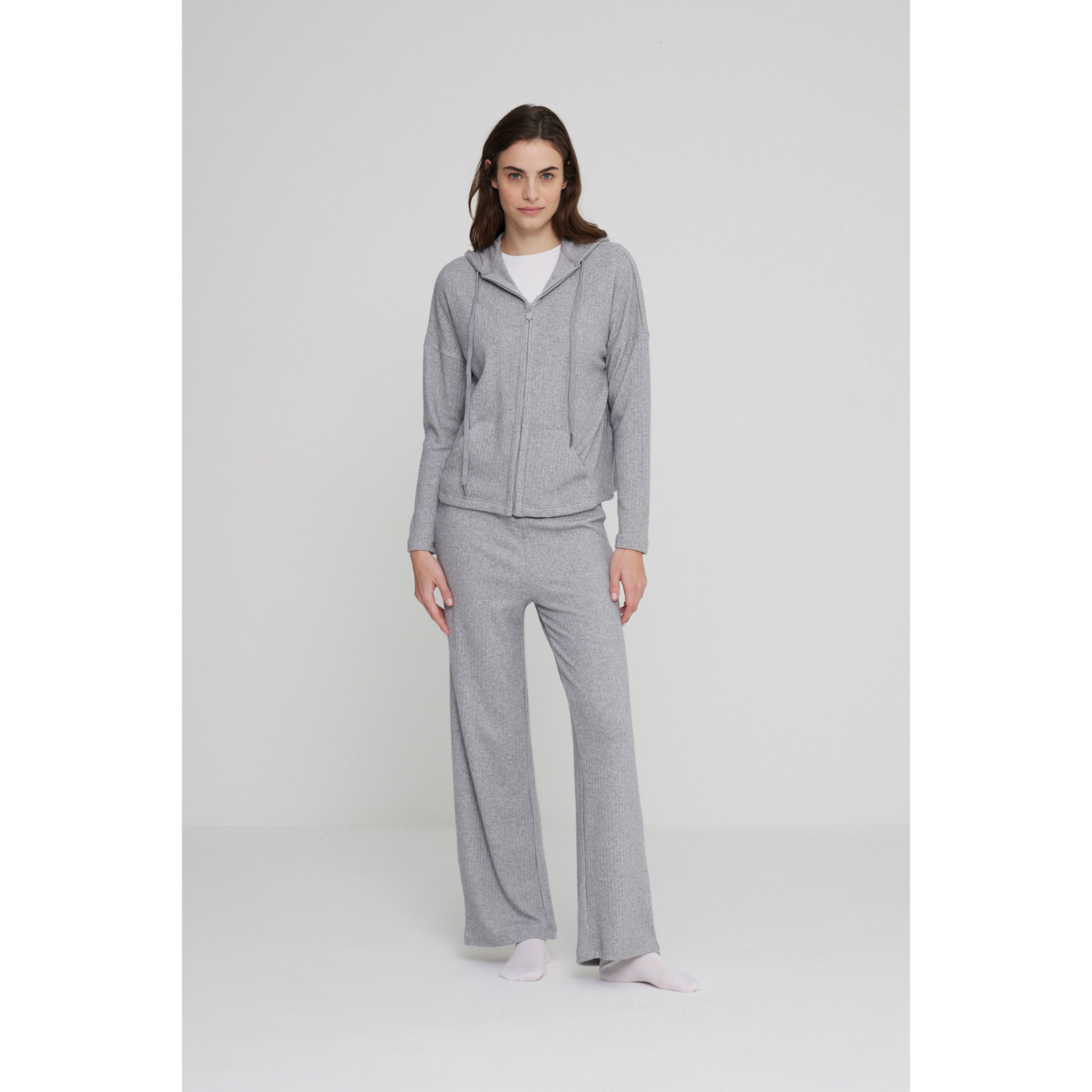 Completo loungewear donna linda in maglina a coste con zip Noidinotte