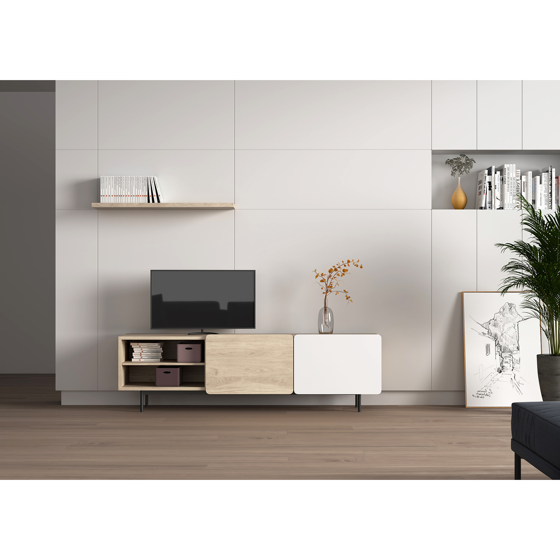 Bajo tv Biscuit roble claro y blanco 54x180x44 cm