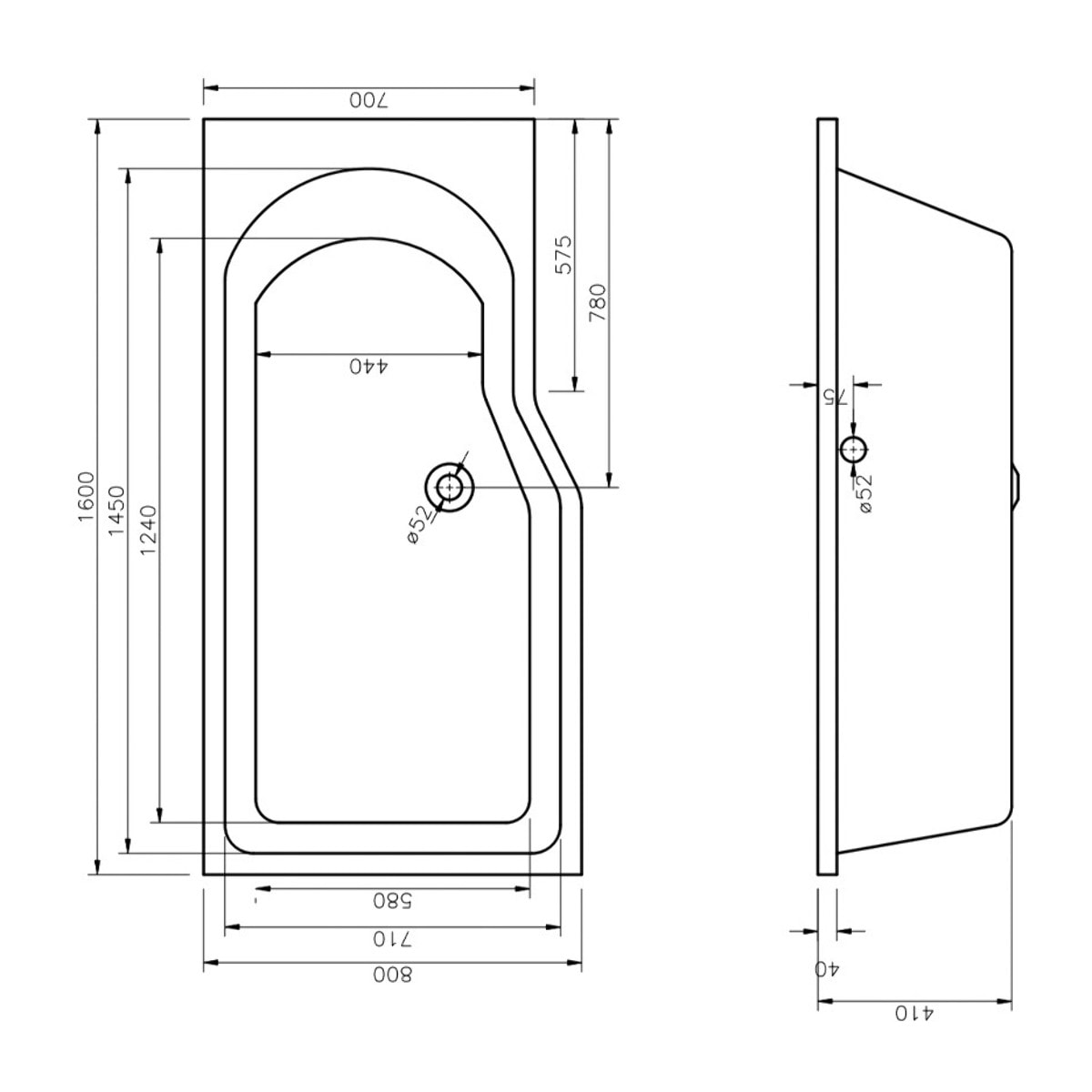 160x80 cm Beata Plus baignoire bain douche asymétrique acrylique positionnement gauche, sans pieds, blanc (BE1600LPLUS)
