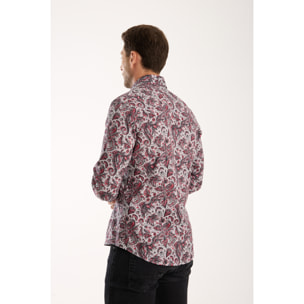 Camicia Uomo 1 Bottone Francese Slim Popeline Stretch Stampato Grigio Chiaro e Rosso