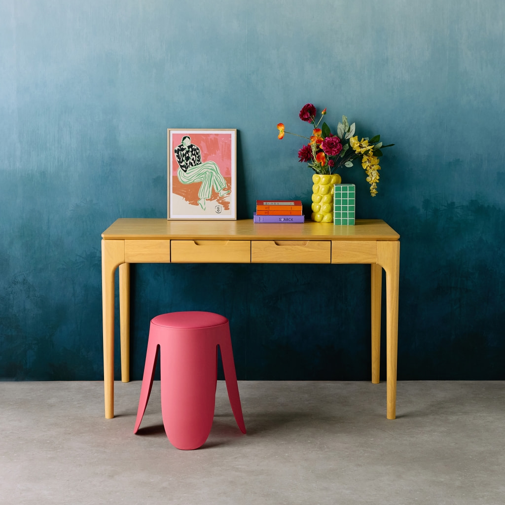 Bureau bois d'hévéa placage frêne 2 tiroirs ALIENOR