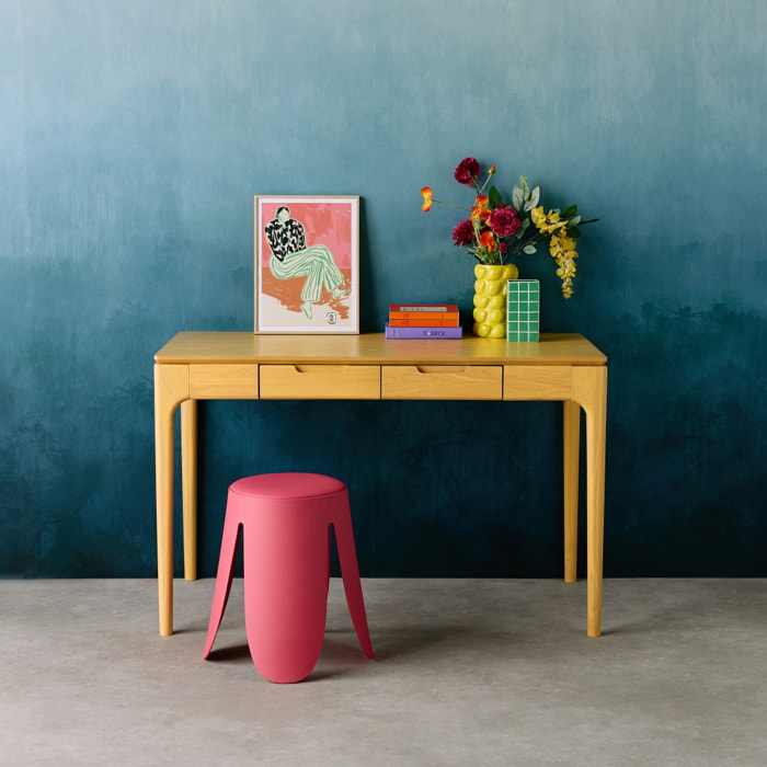 Bureau bois d'hévéa placage frêne 2 tiroirs naturel  - L 120 x l 60 x H 76 cm - Alienor