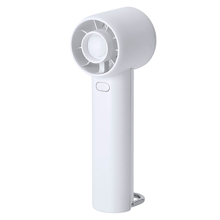 Ventilador portátil con 3 velocidades, batería recargable y reemplazable de 1200 mAh. Incluye mosquetón de aluminio con función de soporte y diseño compacto para uso diario.