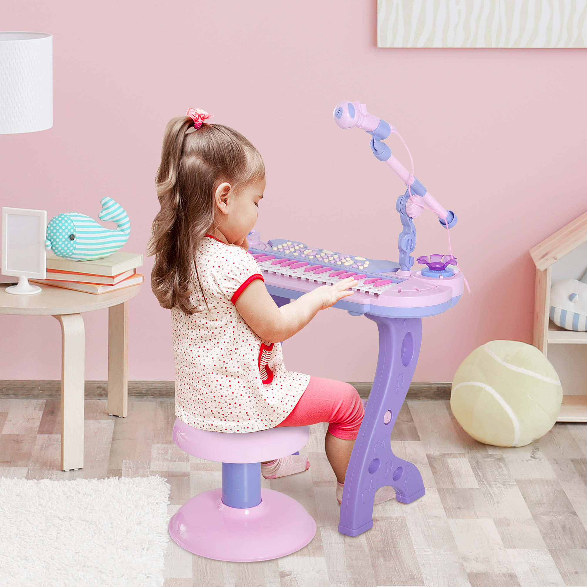 HOMCOM Pianola per Bambini con Sgabello e Microfono, 12 Strumenti e 22 Musiche, Registrazione, MP3 e Karaoke, Rosa