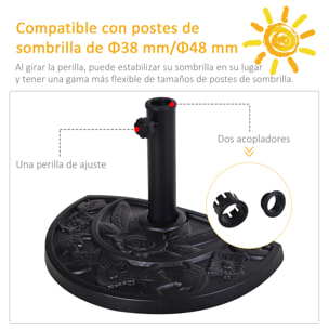 Base de Sombrilla Semicírculo Peso 9 kg Soporte para Parasol de Resina para Poste de Paraguas de Ø3,8 cm y Ø4,8 cm para Terraza Patio Jardín Playa 50x31x32 cm Negro