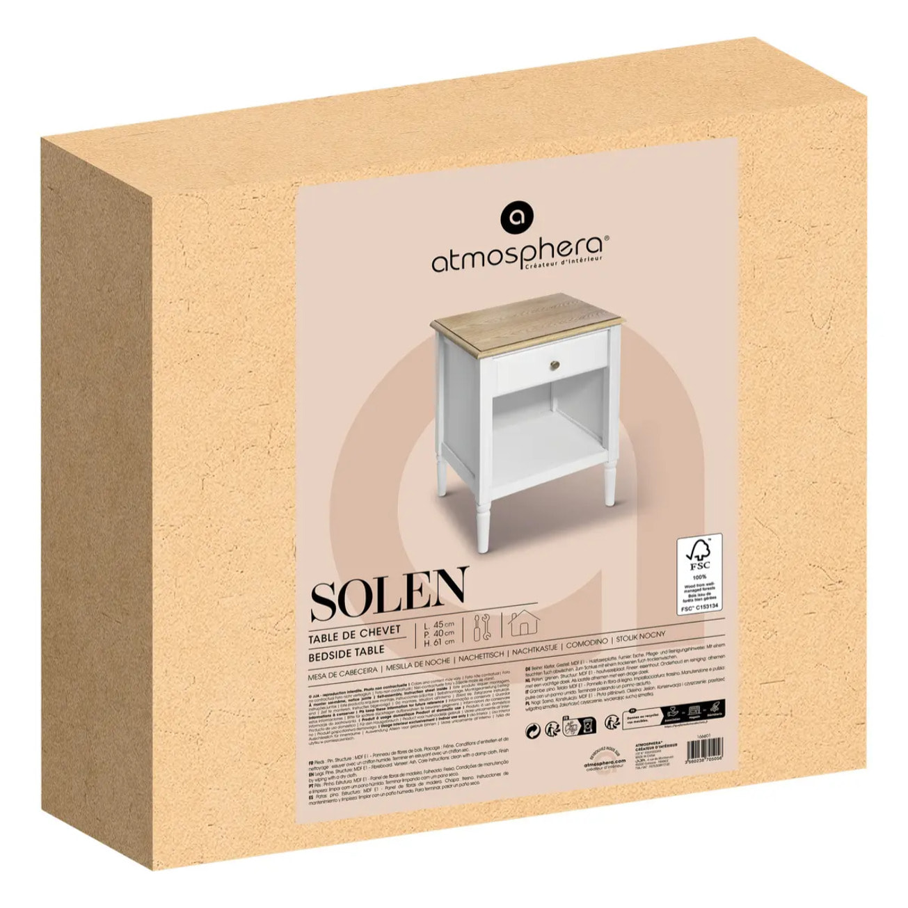 Table de chevet "Solen" bois blanc H61cm