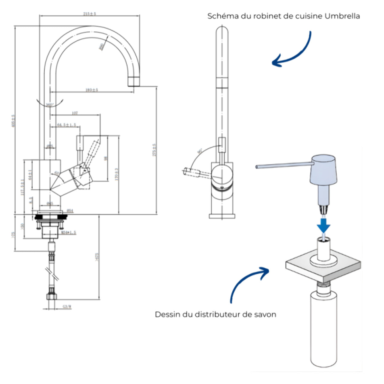 Robinet cuisine Umbrella + Distributeur de savon Or mat