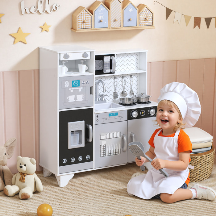 Cocina de Juguete de Madera con Sonido, Cocinita Infantil con Accesorios de Acero Inoxidable, Microondas, Máquina de Hielo, Cafetera, Lavavajillas, para Niños a Partir de 3 Años, Blanco