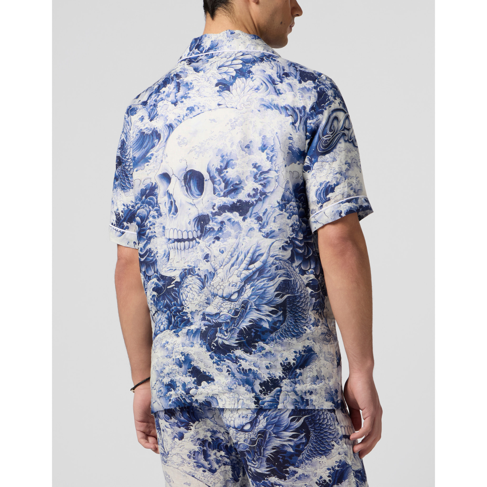 PHILIPP PLEIN Linen Bowling Shirt All-Over Ceramic