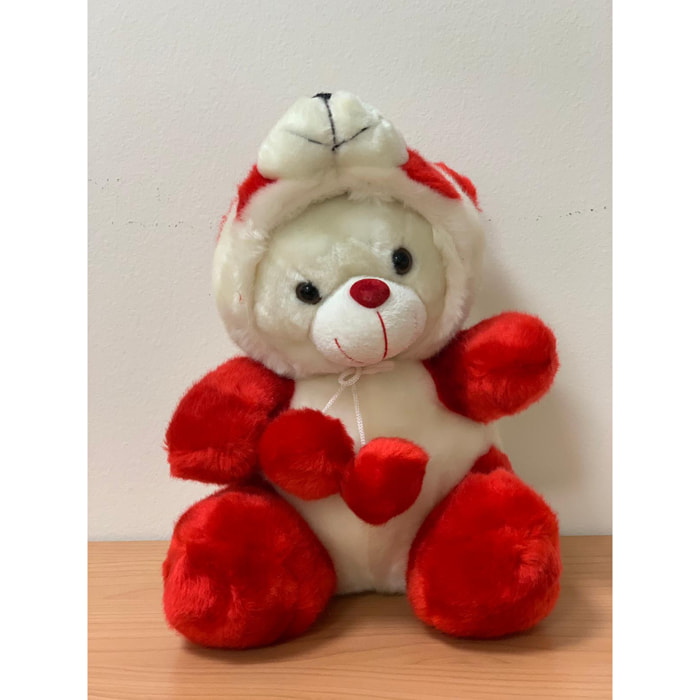 Peluche Orso bianco con cappuccio bianco rosso cuore 30 cm Peticoco