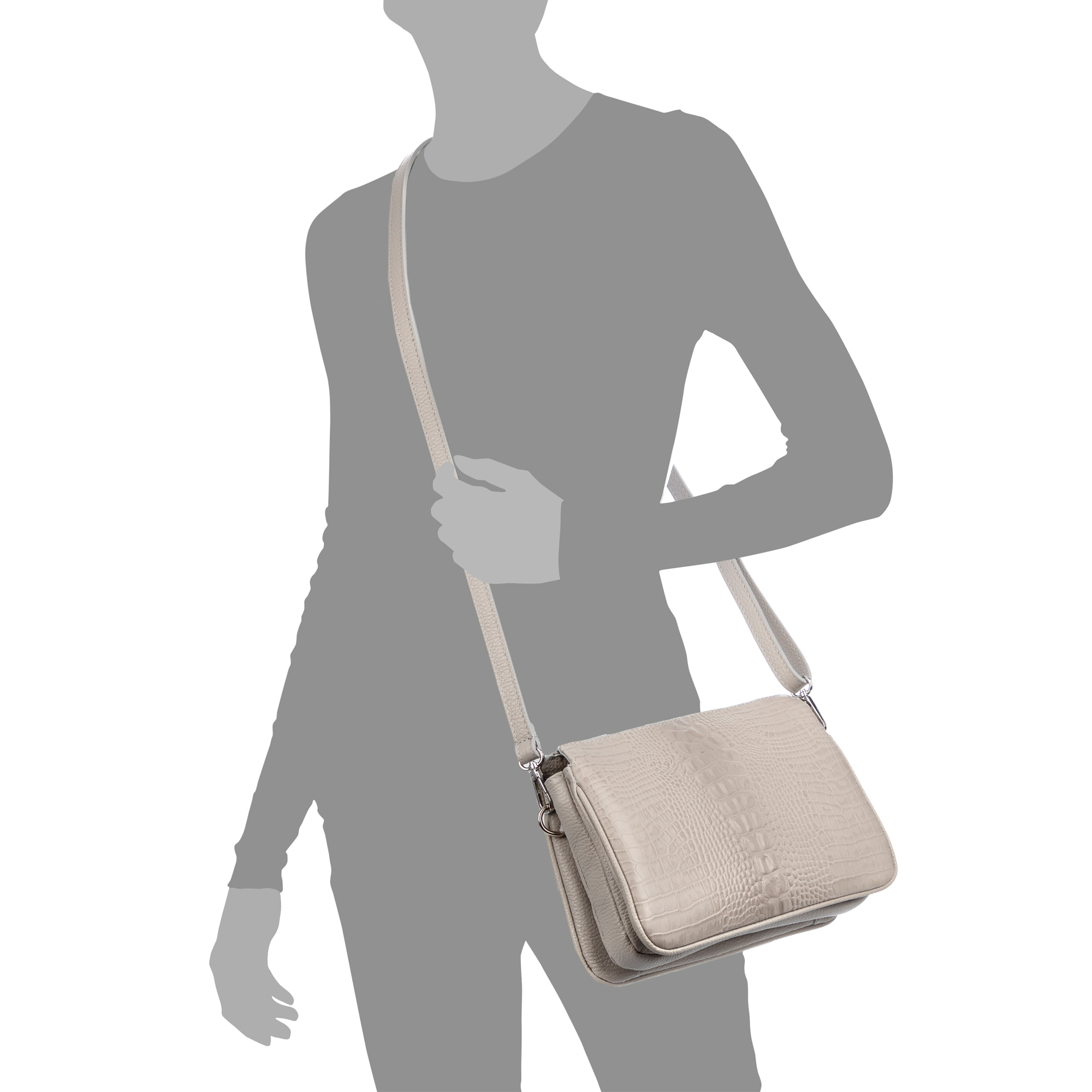 FIRENZE ARTEGIANI Borsa a tracolla dollaro in vera pelle con frontale inciso coccodrillo Made in Italy 25x14x18 Cm. Grigio