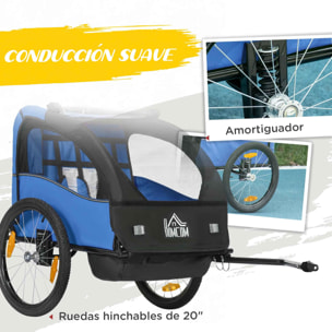 Remolque de Bicicleta para Niños +18 Meses Cochecito para Transporte de 2 Plazas con Cinturón de Seguridad Espacio de Almacenamiento y Sistema de Amortiguador 140x88x90 cm Azul
