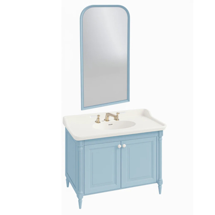 Pack meuble vasque 3 trous Cléo 1889 bleu velours + miroir + mélangeur poignés or