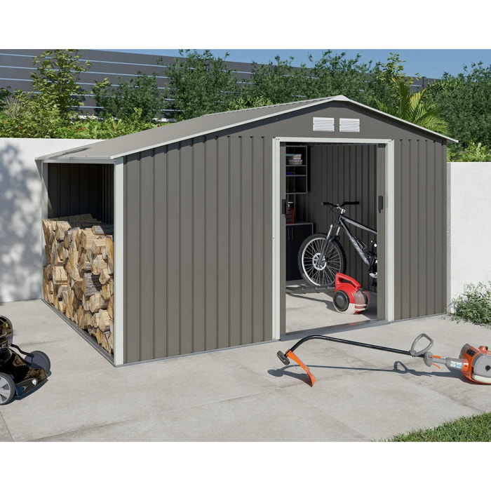 Abri métal gris châtaigne avec bûcher 8,13 m² + kit d'ancrage