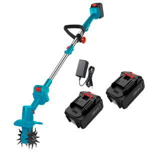 Mini coltivatore elettrico da giardino senza fili 21V con batteria doppia da 15000 mAh. Include manico lungo e 2 paia di lame.