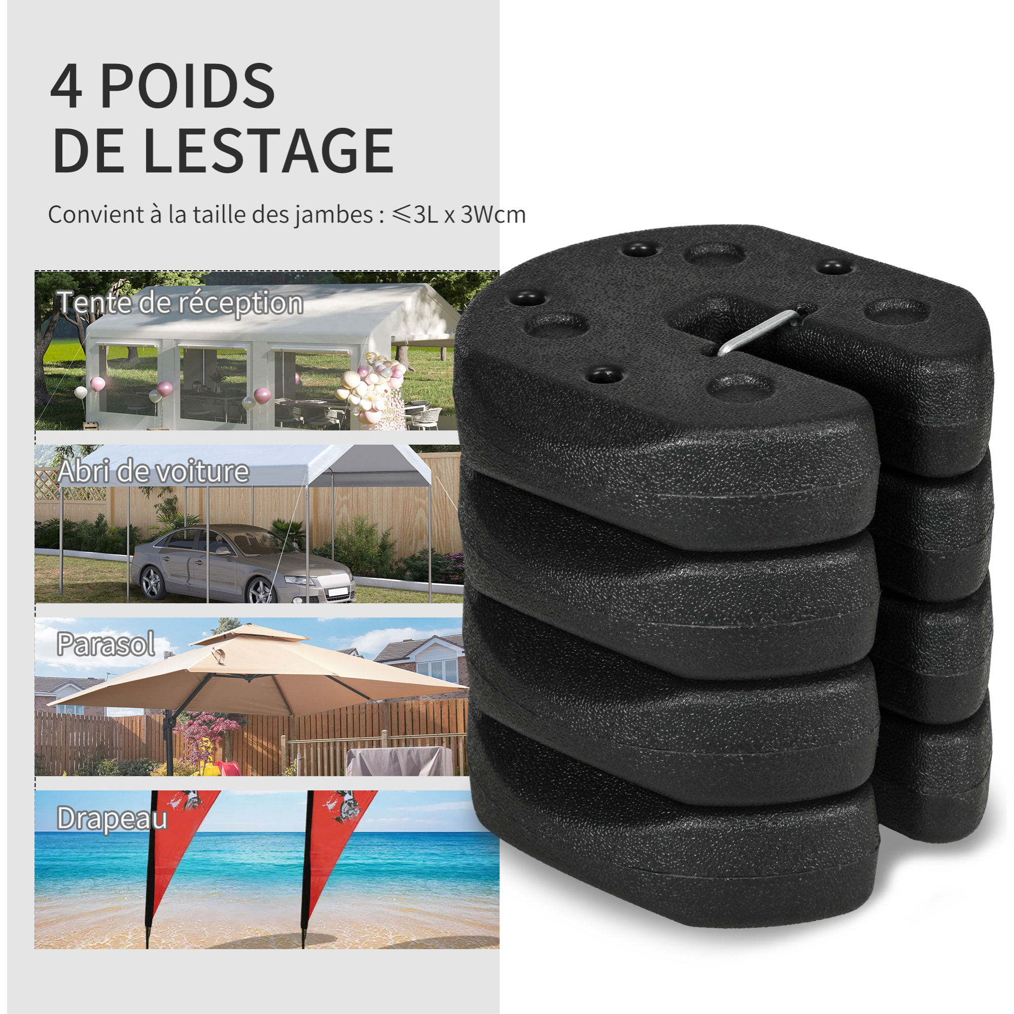 Lot de 4 poids de lestage pour tonnelle barnum tente dim. Ø 22 x 5,5H cm HDPE noir