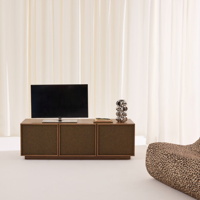Meuble TV décor bois et tissu 3 portes 140cm KUBA
