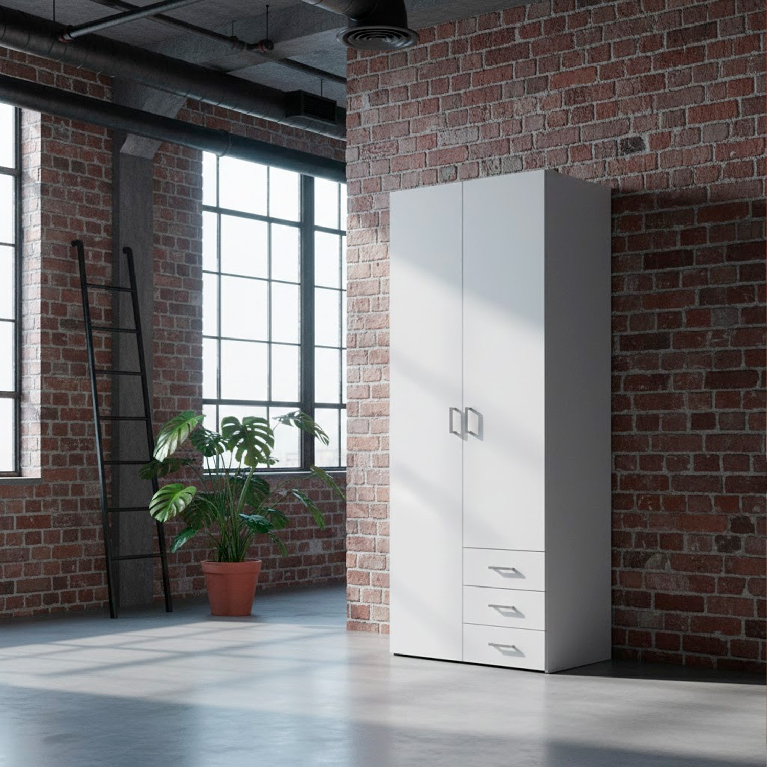 Armadio Con 2 Ante e 3 Cassetti Armadietto Multiuso Design Moderno Salvaspazio Vano Con Barra Appendiabiti E Ripiani 77.6 x 49.5 x 200.4 Cm Bianco