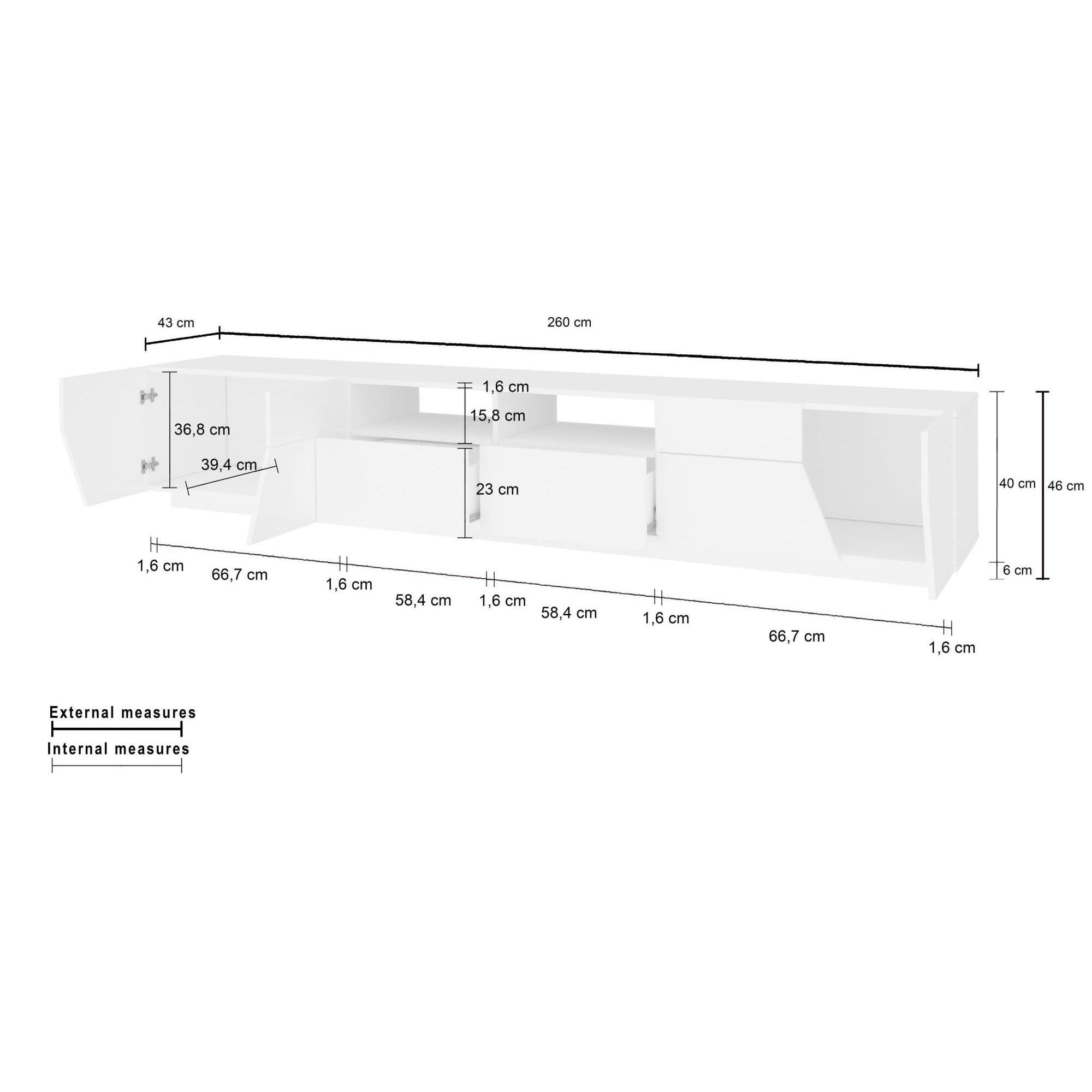 Mobile da soggiorno Porta TV, Made in Italy, Supporto per TV da salotto a 4 ante geometriche e 2 cassetti, Cm 260x43h46, Bianco lucido e Acero